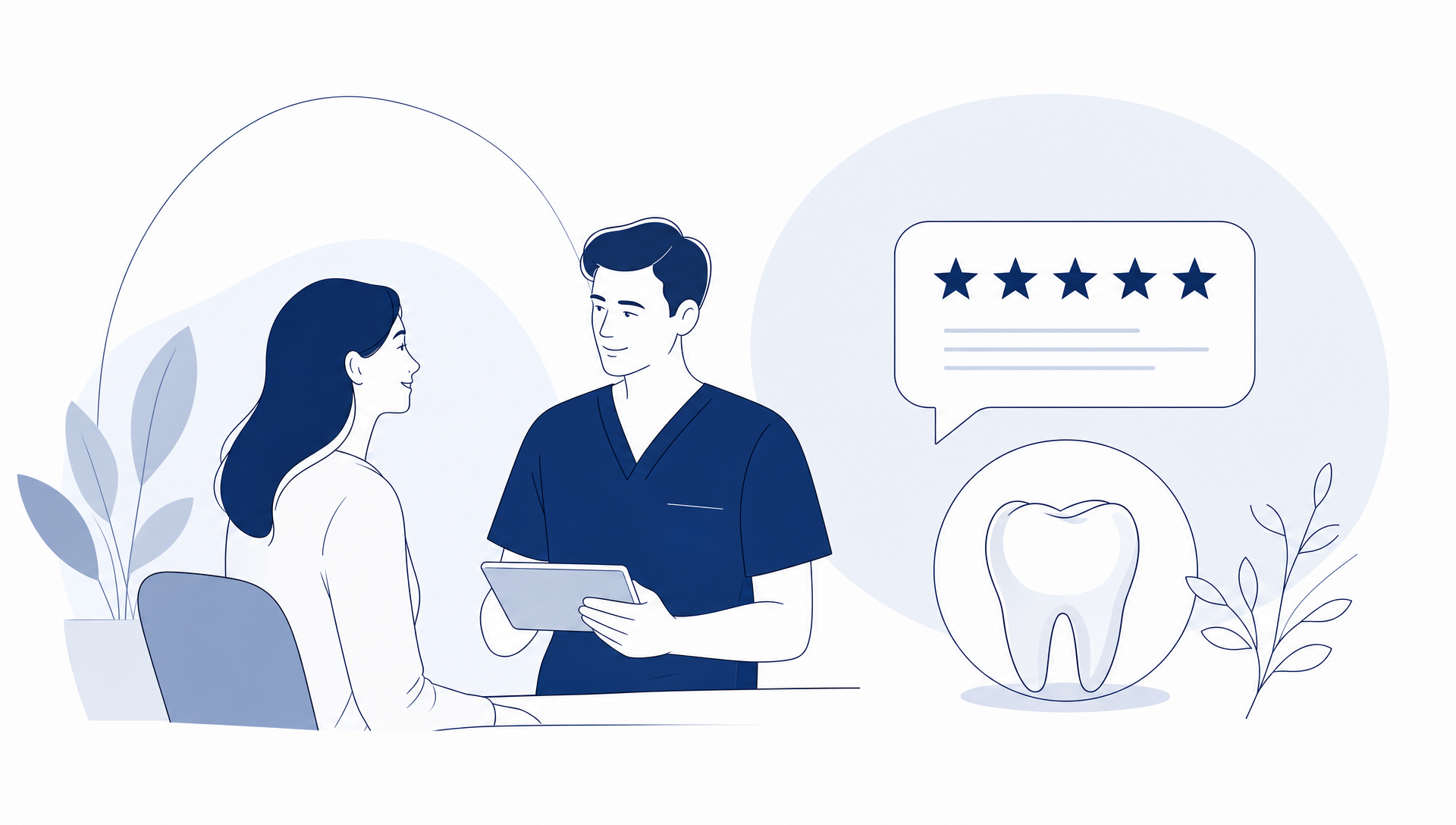 A calm adult patient reviewing anonymous dentist review cards beside a simple dental arch and a dental chair in a spacious consultation setting, with a clinician nearby and no readable text shown