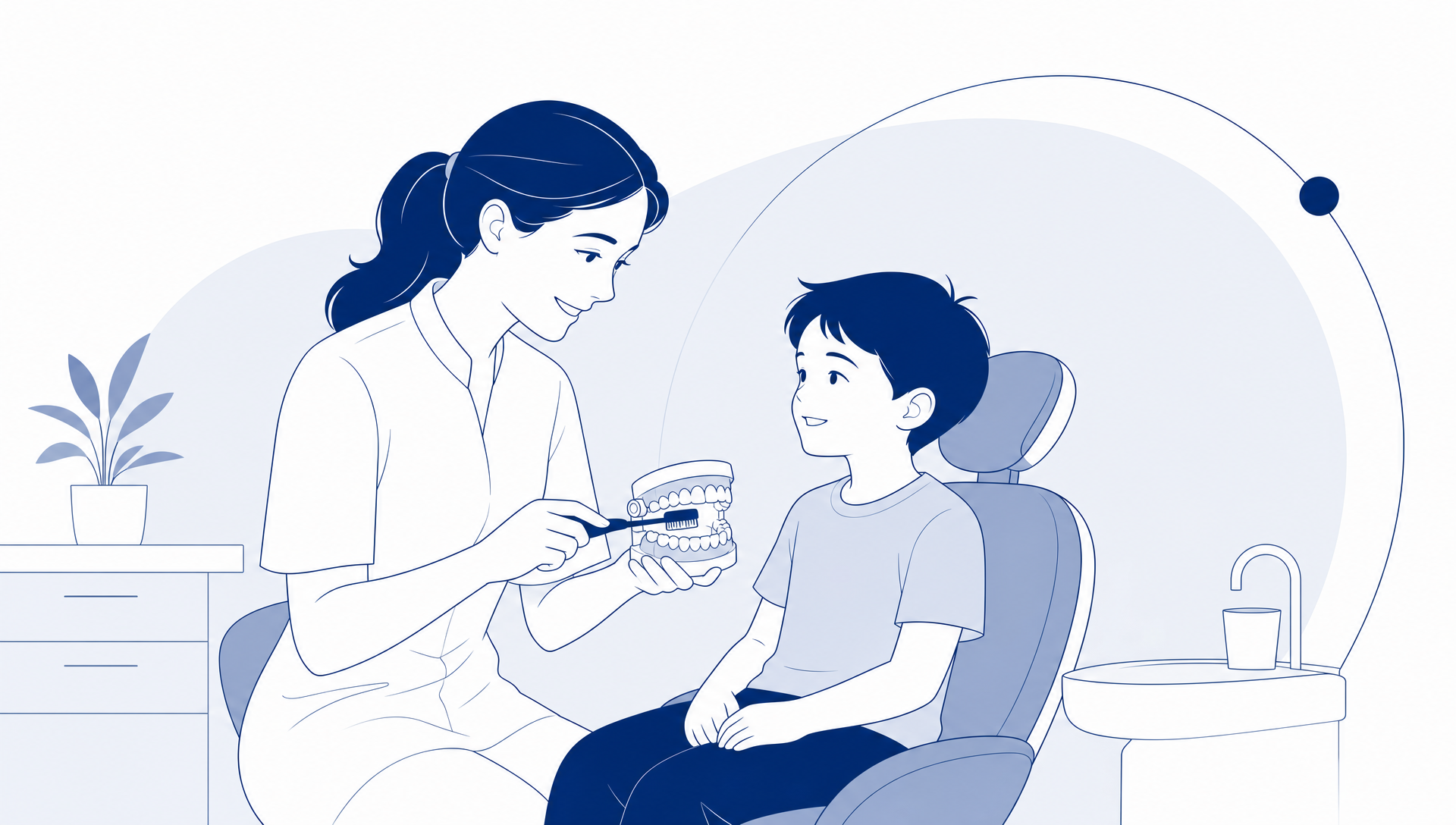 A calm family dental check-up scene with a parent and child seated with a dentist, a simple dental chair nearby and a clean dental arch motif.