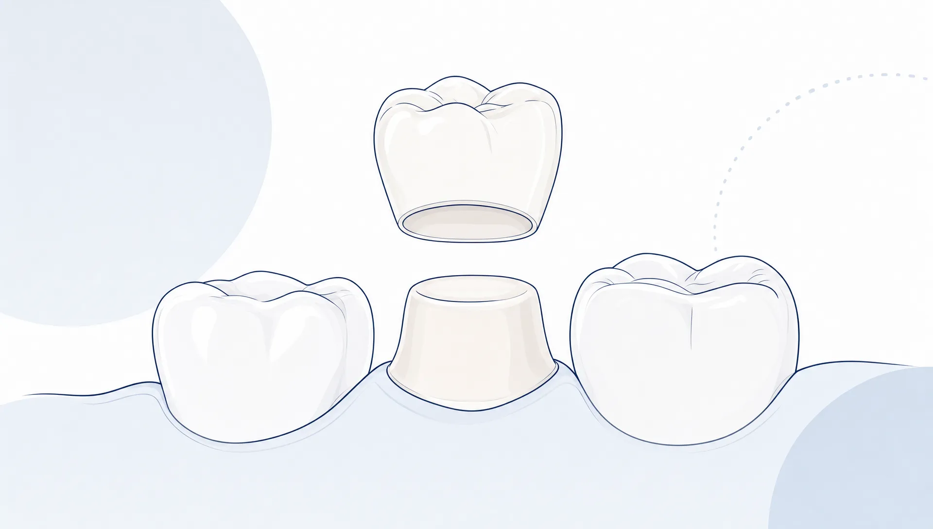 A clean premium editorial vector illustration showing a ceramic dental crown positioned above a prepared tooth, with fine Beenleigh Dental navy linework, a mostly white background, pale mist blue geometric shapes, subtle porcelain tones for the crown and tooth, generous negative space, and no text or logos.