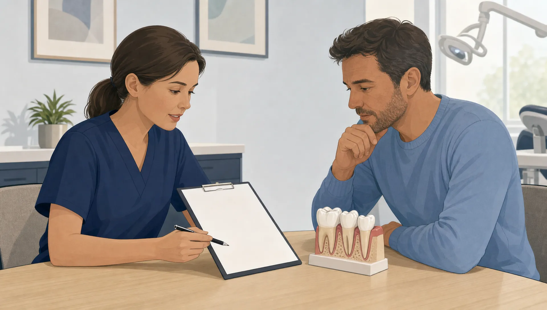 A dentist and adult patient review a dental quote on a blank sheet beside a tooth model.