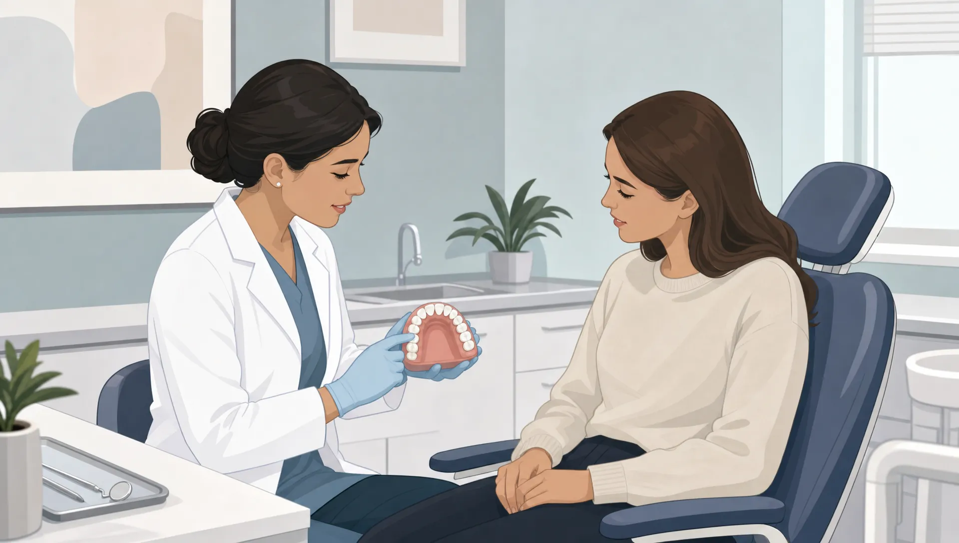 A dentist and patient review a simple dental arch model during an oral health check.