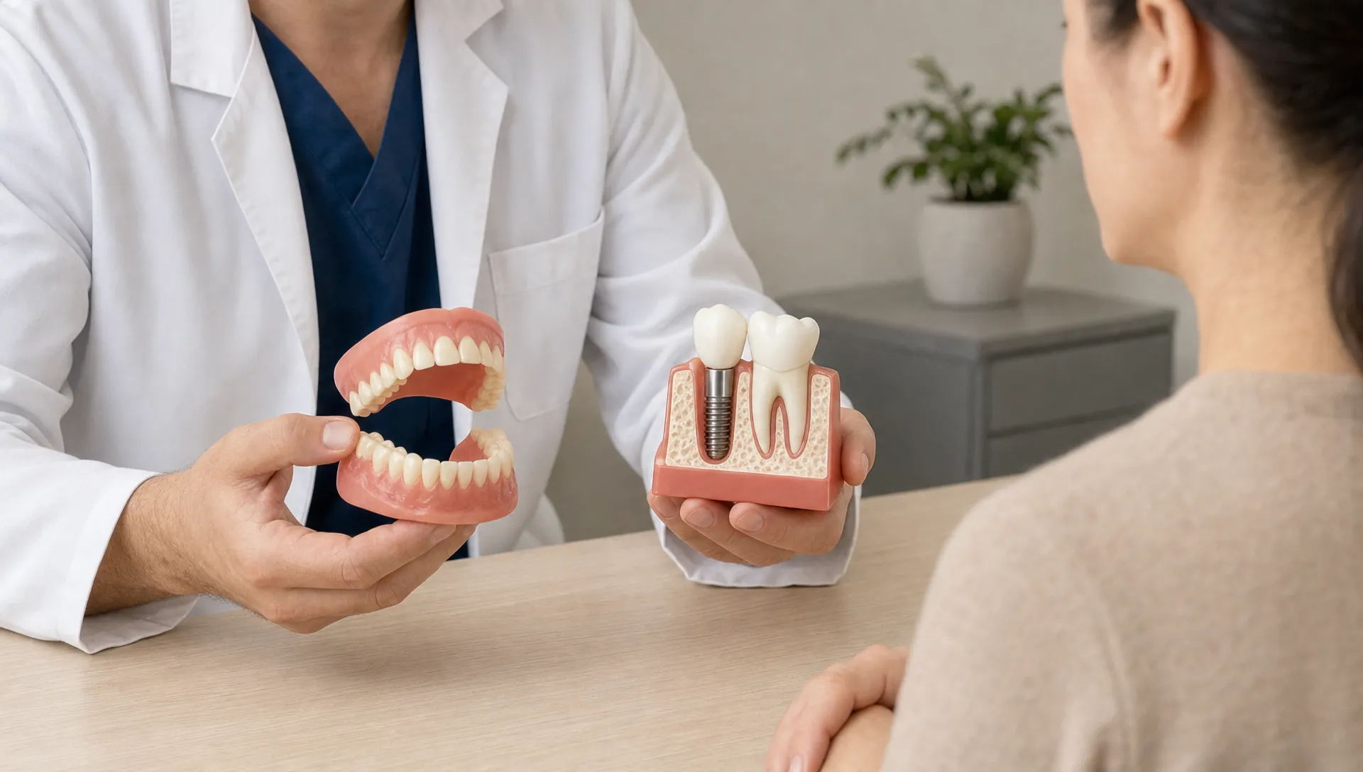 A denture and an implant crown are shown as two different ways to replace missing teeth.