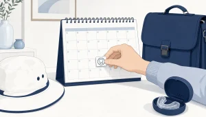 A hand marks a family calendar beside school, work and sport items to organise a dental check-up.