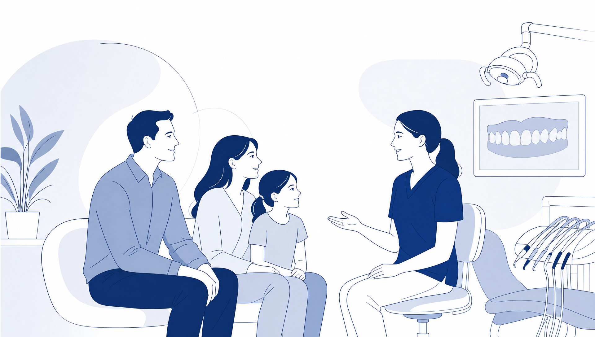 A multigenerational family sitting together in a dental consultation room, with an older grandparent, an adult, a teenager and a parent with a toddler sharing the space while a dentist points toward treatment notes on the desk.