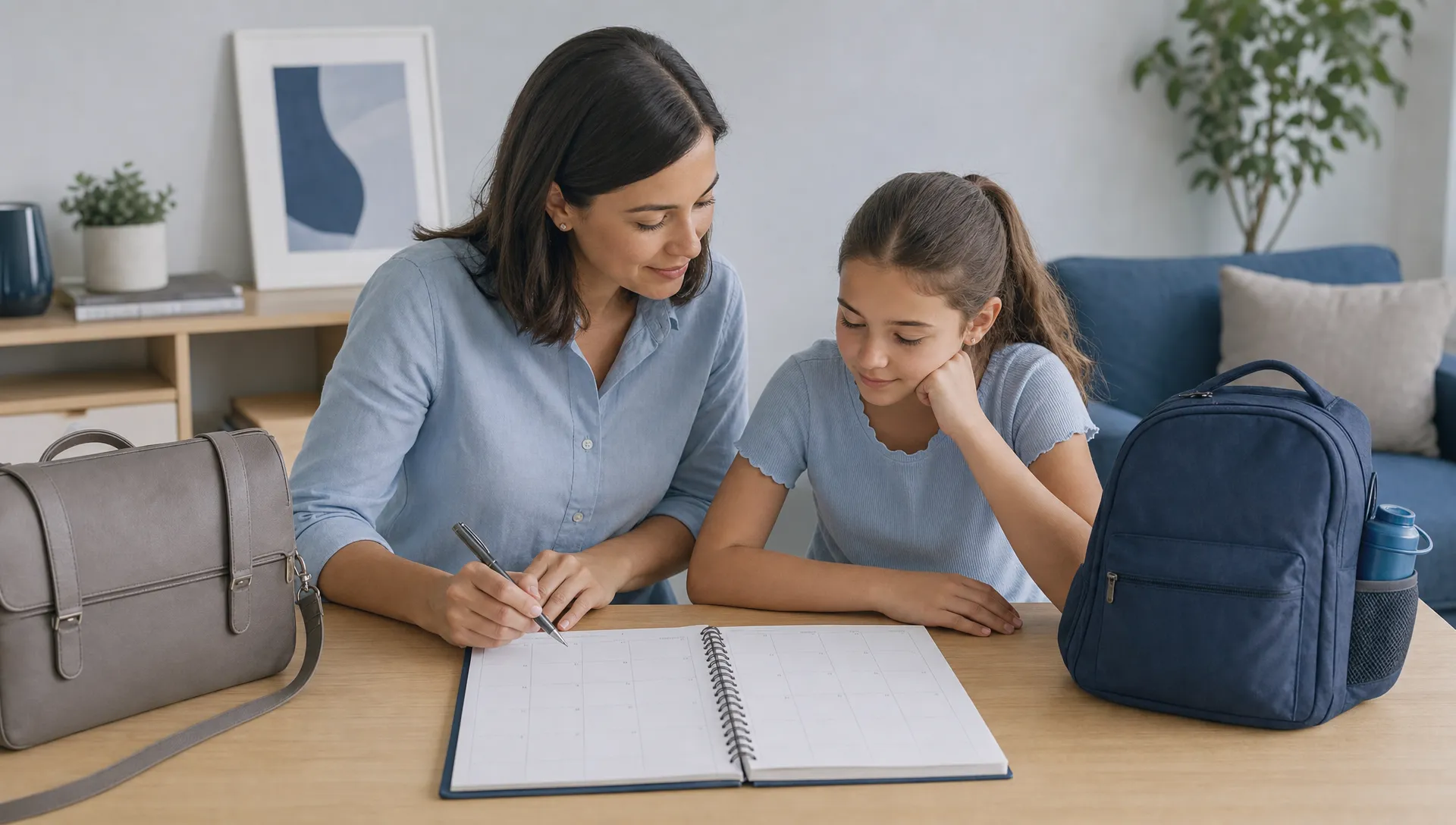 A parent and child plan dental visits beside a weekly planner, school bag and work satchel.
