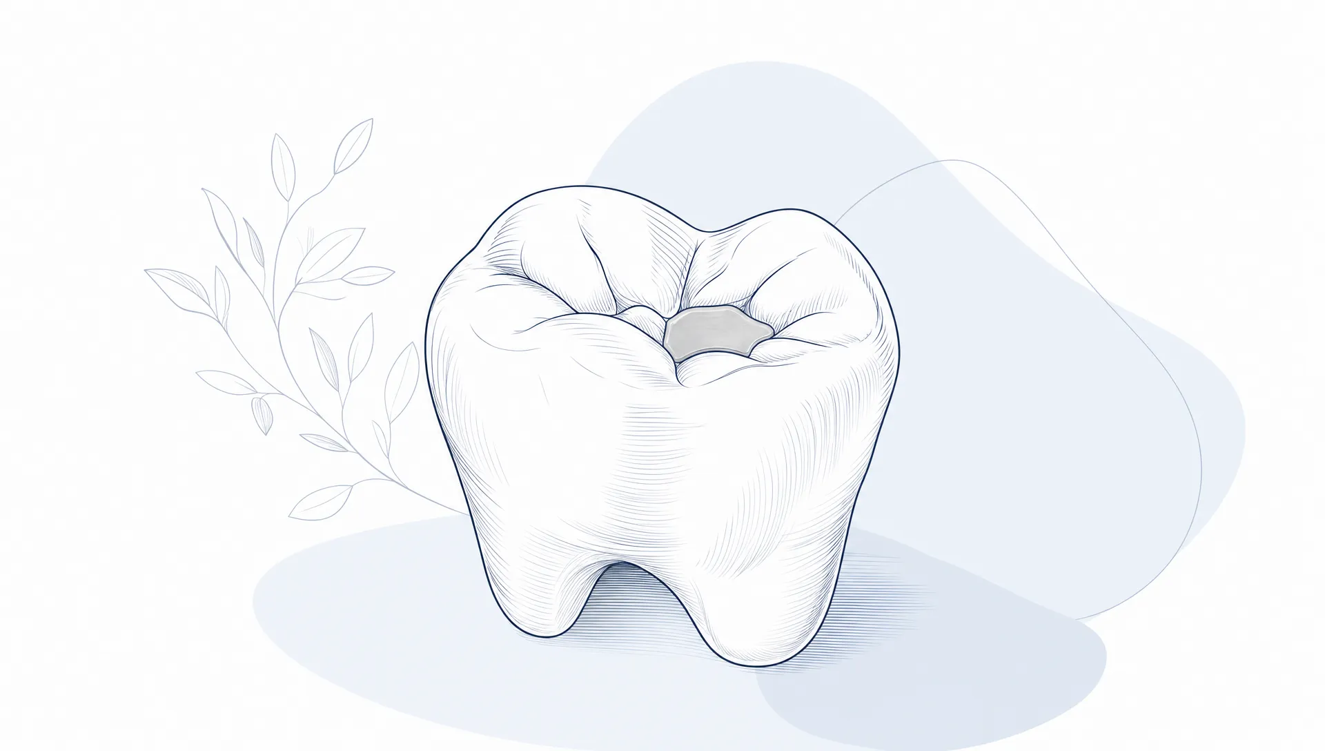 A premium editorial vector illustration of a dental filling concept, showing one natural molar with a small restored area, fine navy linework, pale mist blue background shapes, generous white space and a calm modern composition with no text, no logos and no cartoon elements.
