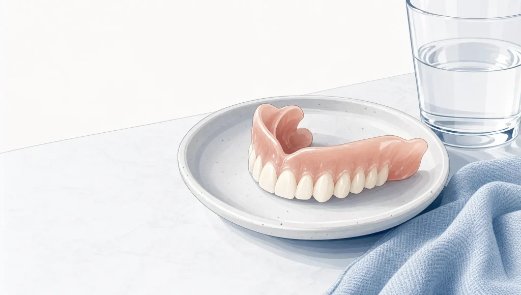 A removable denture rests on a dish beside a glass of water.