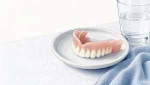 A removable denture rests on a dish beside a glass of water.