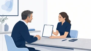 An adult patient and a clinic staff member discuss a dental quote beside a blank document at a clean desk.