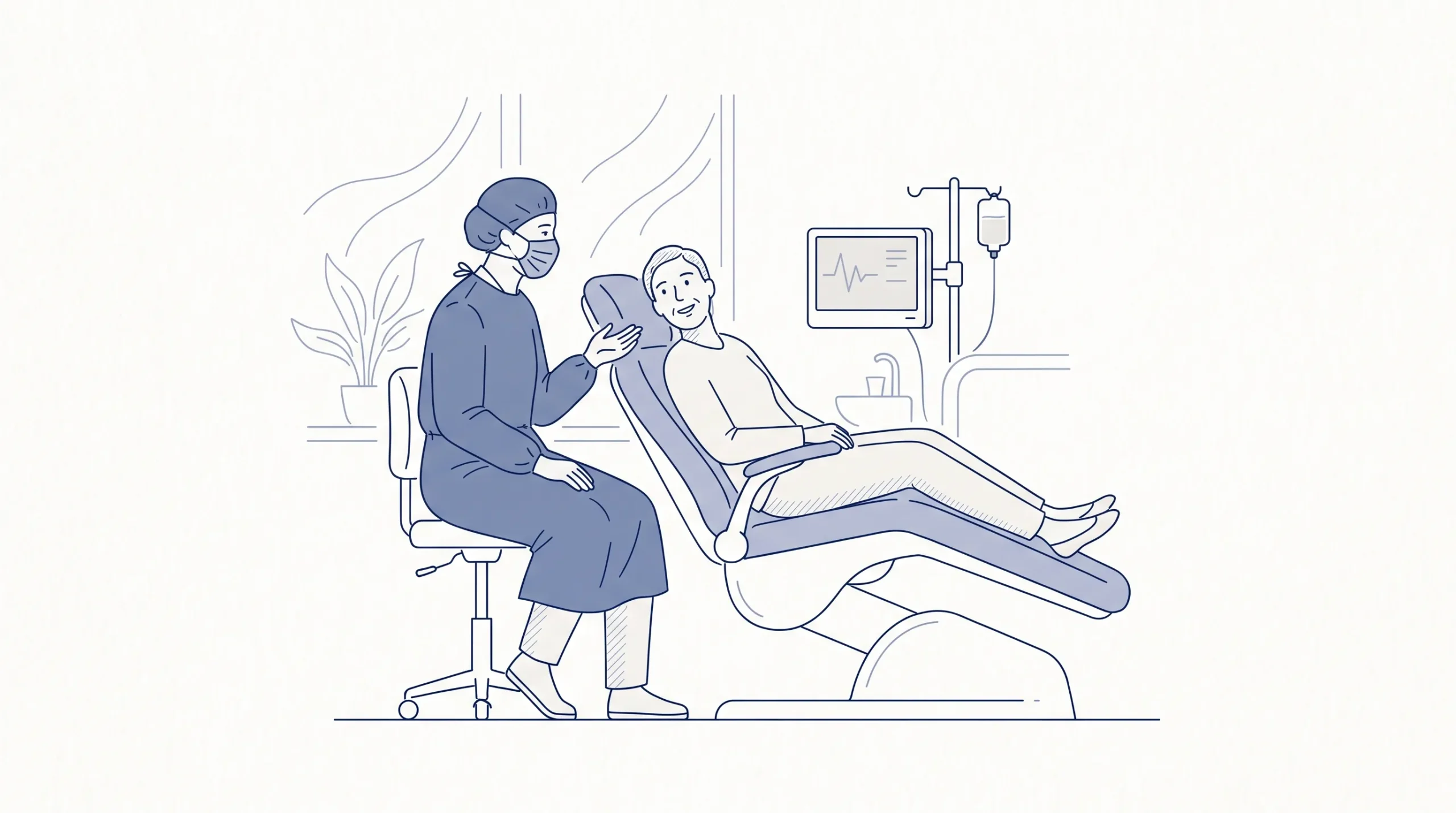 A calm dentist in PPE speaks with an adult patient seated in the dental chair during a sleep dentistry consultation.