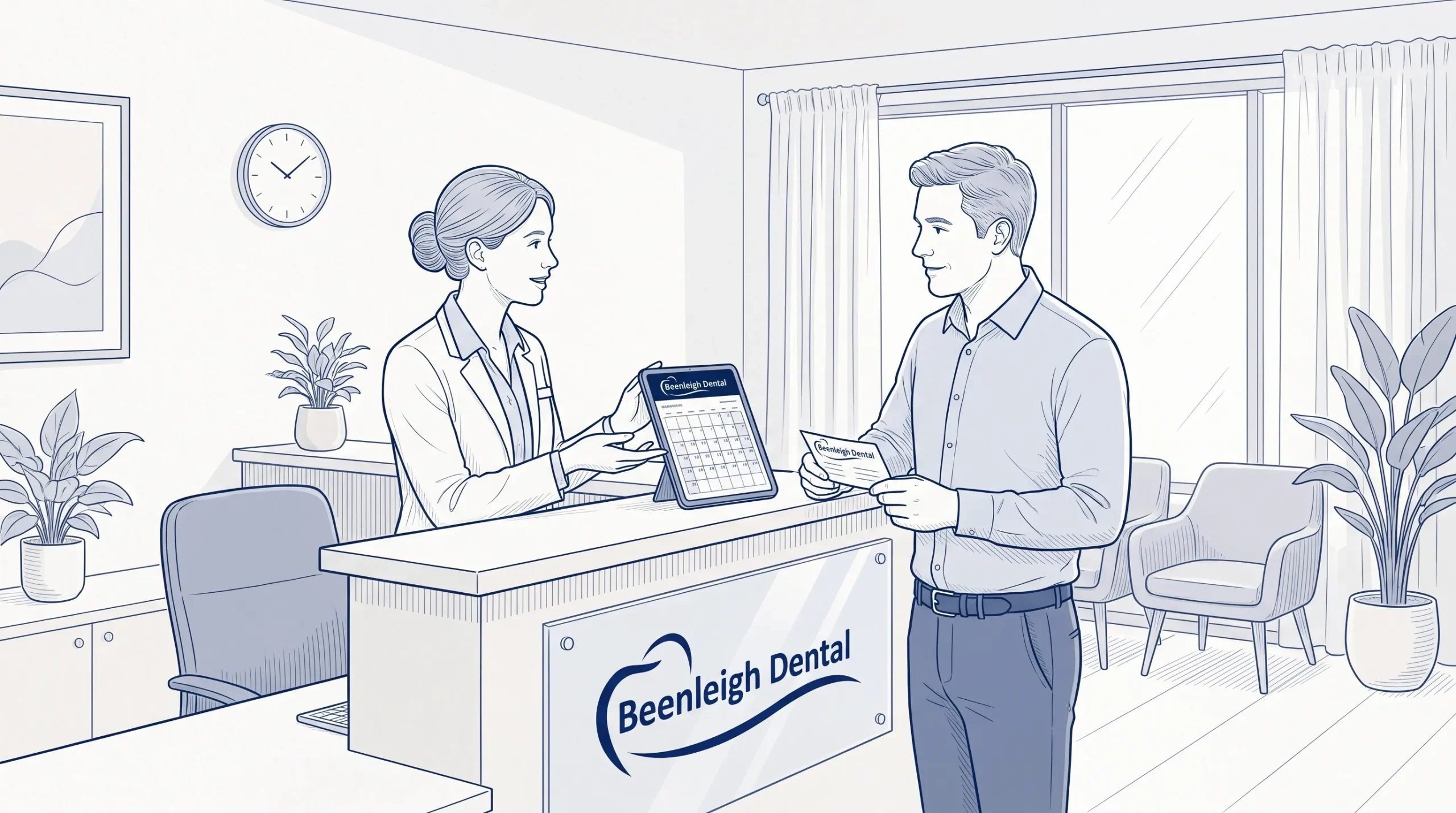 A dental professional at Beenleigh clinic reception speaks with an adult patient about a Saturday appointment, with the front desk and waiting area behind them.