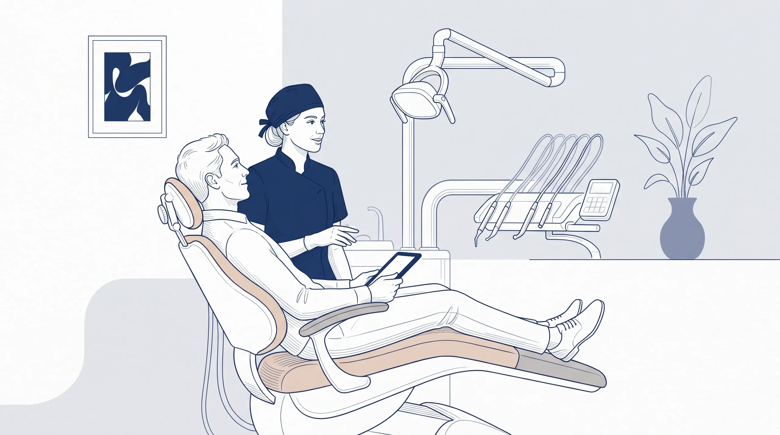 A dental professional speaks with an adult patient beside the chair during a first visit in Beenleigh.