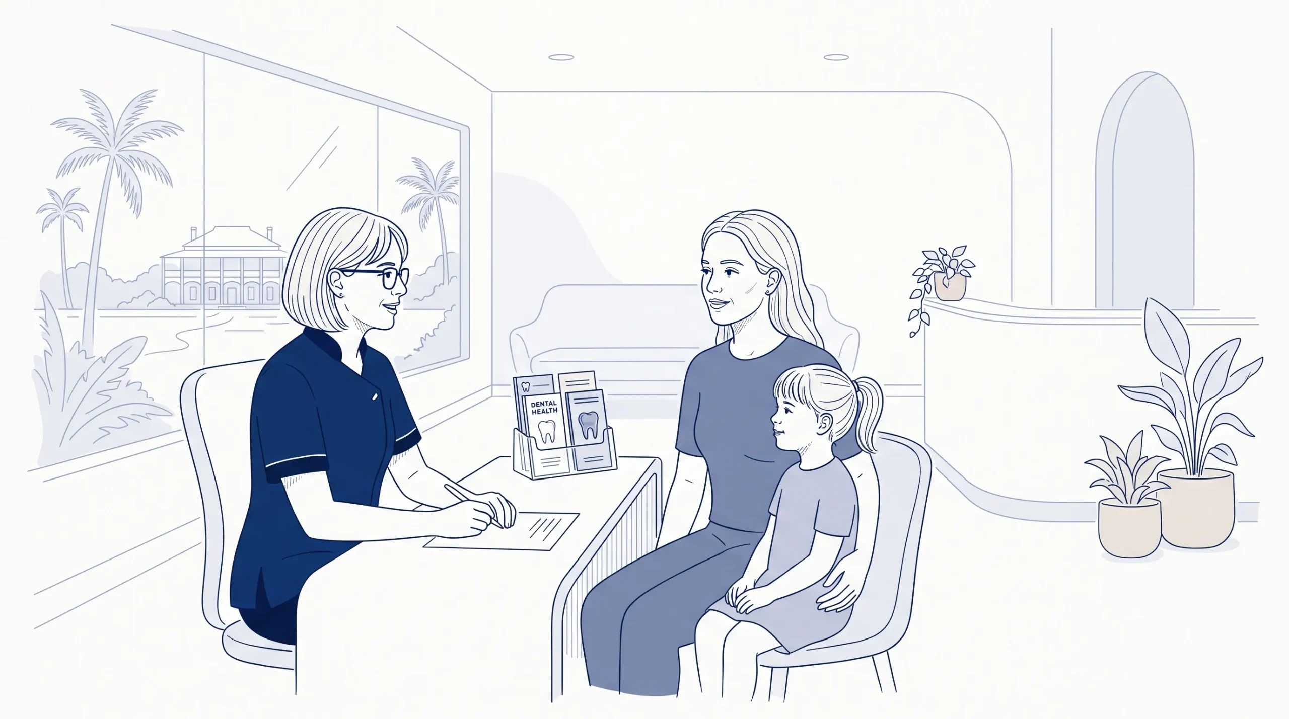 A dental professional speaks with an adult patient and child in a welcoming Queensland community clinic space.