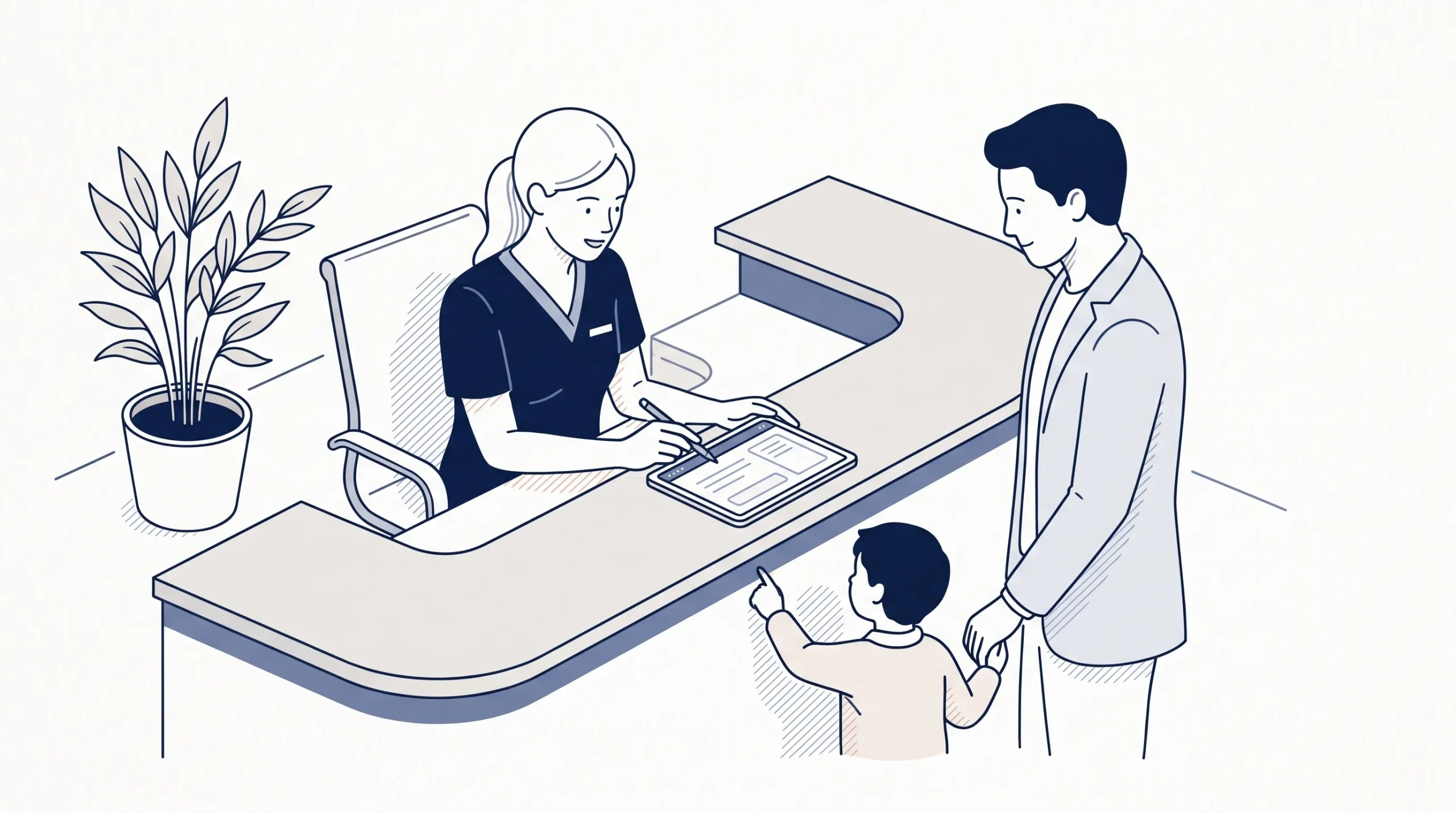 A dental team member discusses bulk billed dental eligibility with a parent and child at a reception desk.