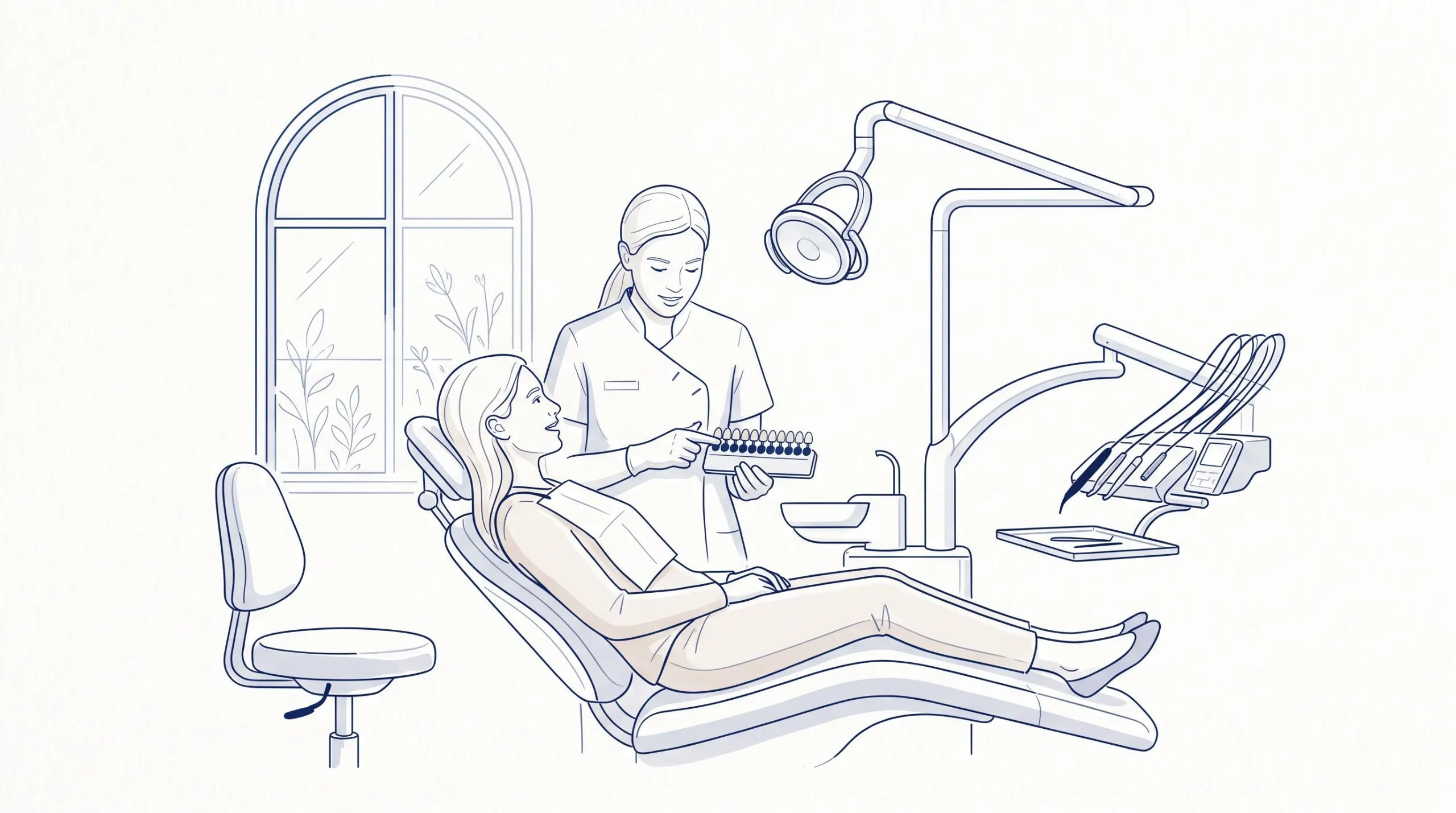 A dentist discusses tooth shade options with an adult patient in a clean Beenleigh dental room.