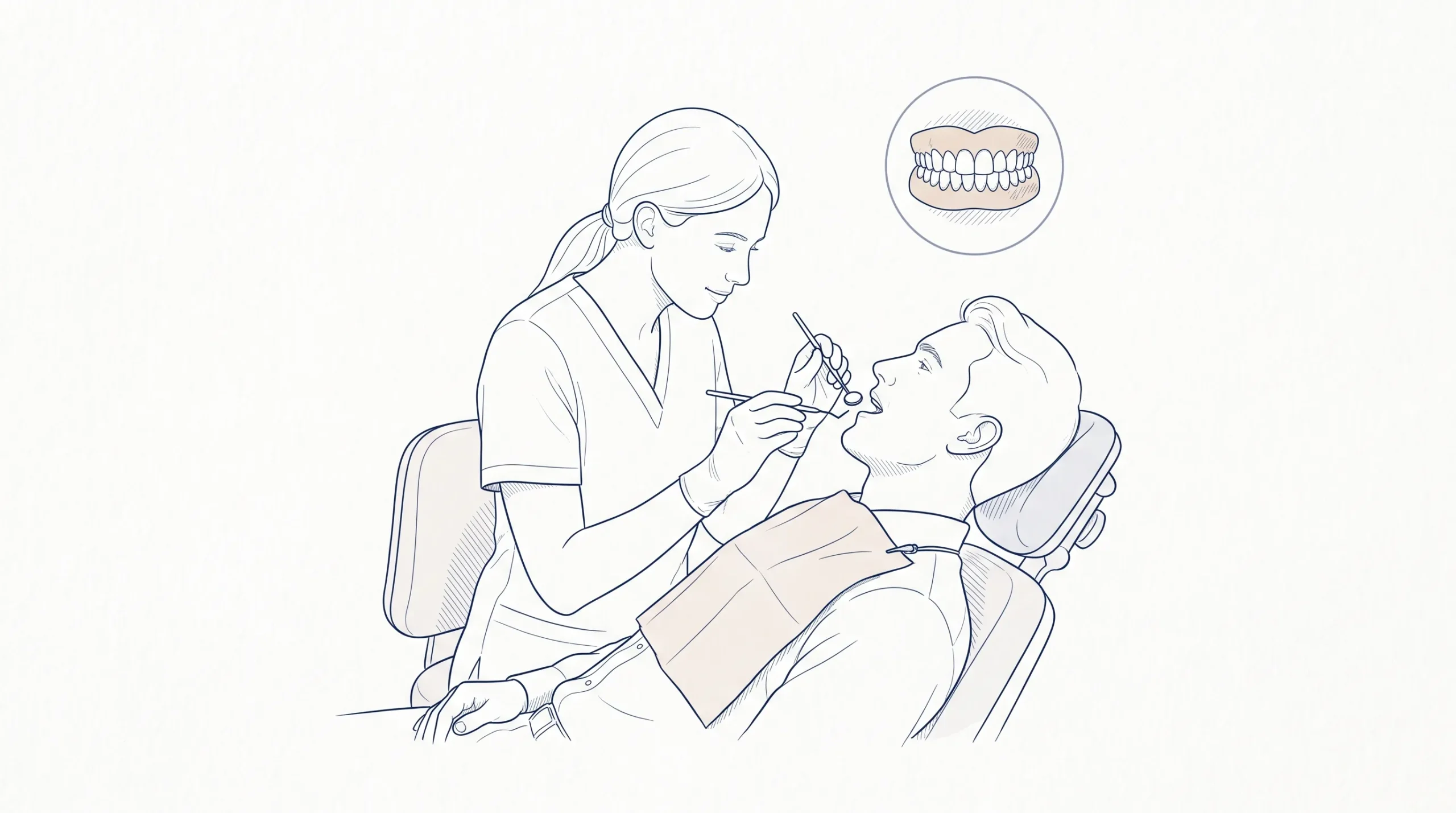 A dentist gently examines a seated patient in a dental room, with a mirror in hand and a small inset of healthy teeth and gums.