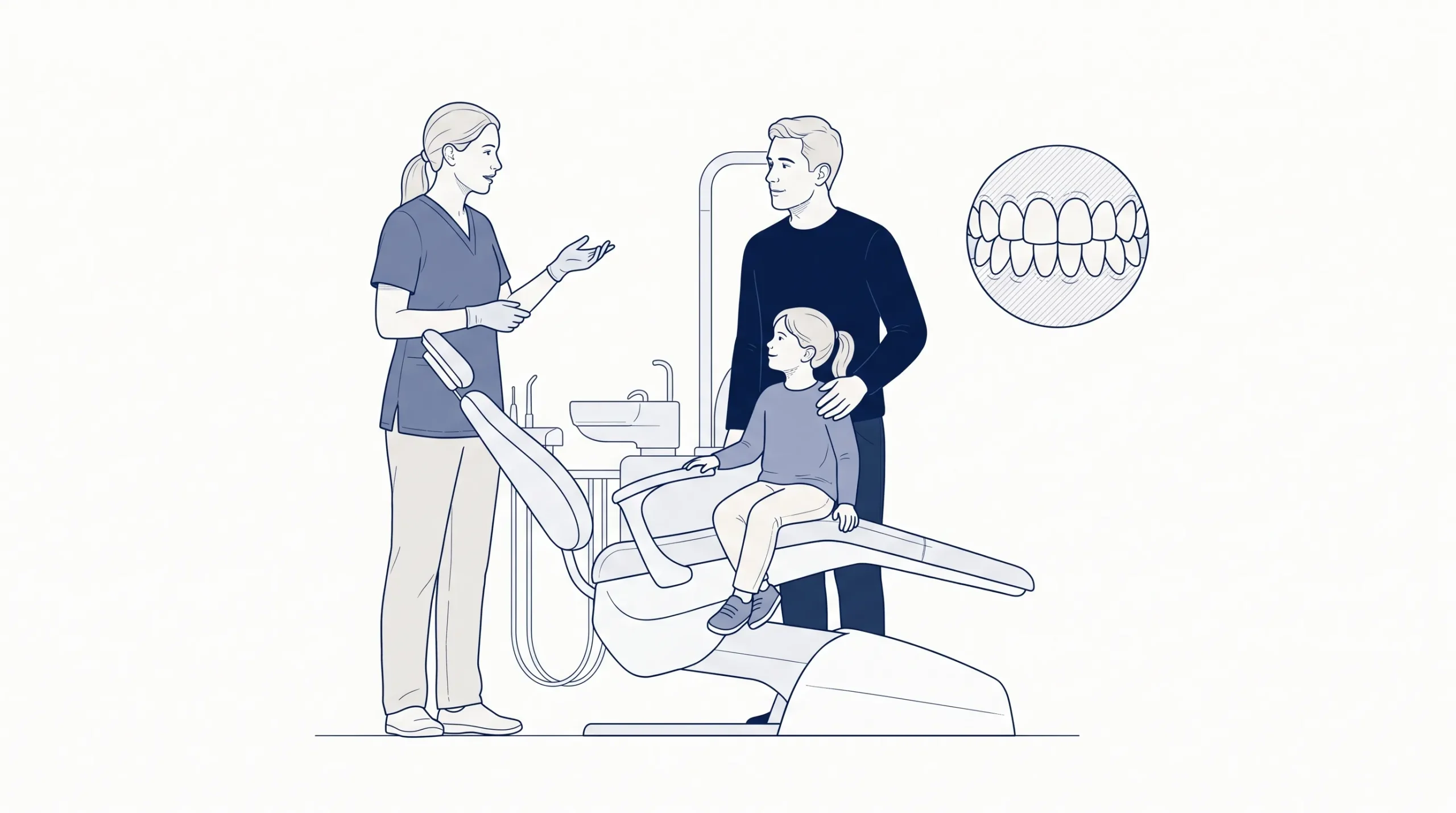 A dentist in clinical attire speaks with a parent and child beside a dental chair, with a small inset showing healthy teeth in gums.