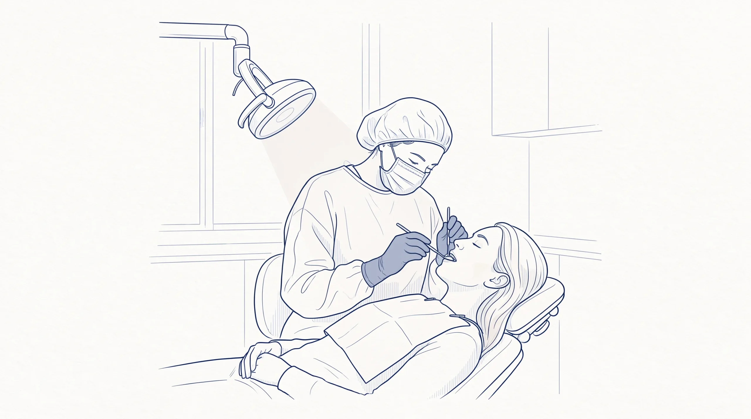 A dentist in PPE assesses an adult patient in a reclined chair with a mirror and overhead light in a quiet after-hours room.