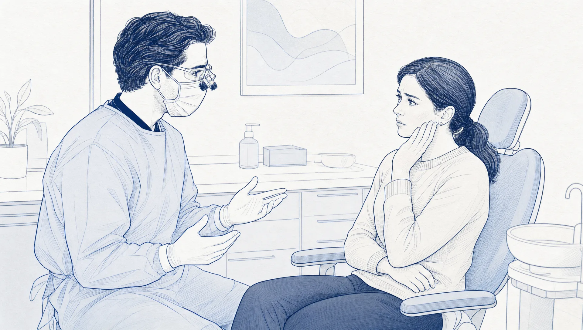 A dentist in PPE speaks calmly with an anxious adult patient in a quiet treatment room, with a treatment chair and simple cabinet behind them.