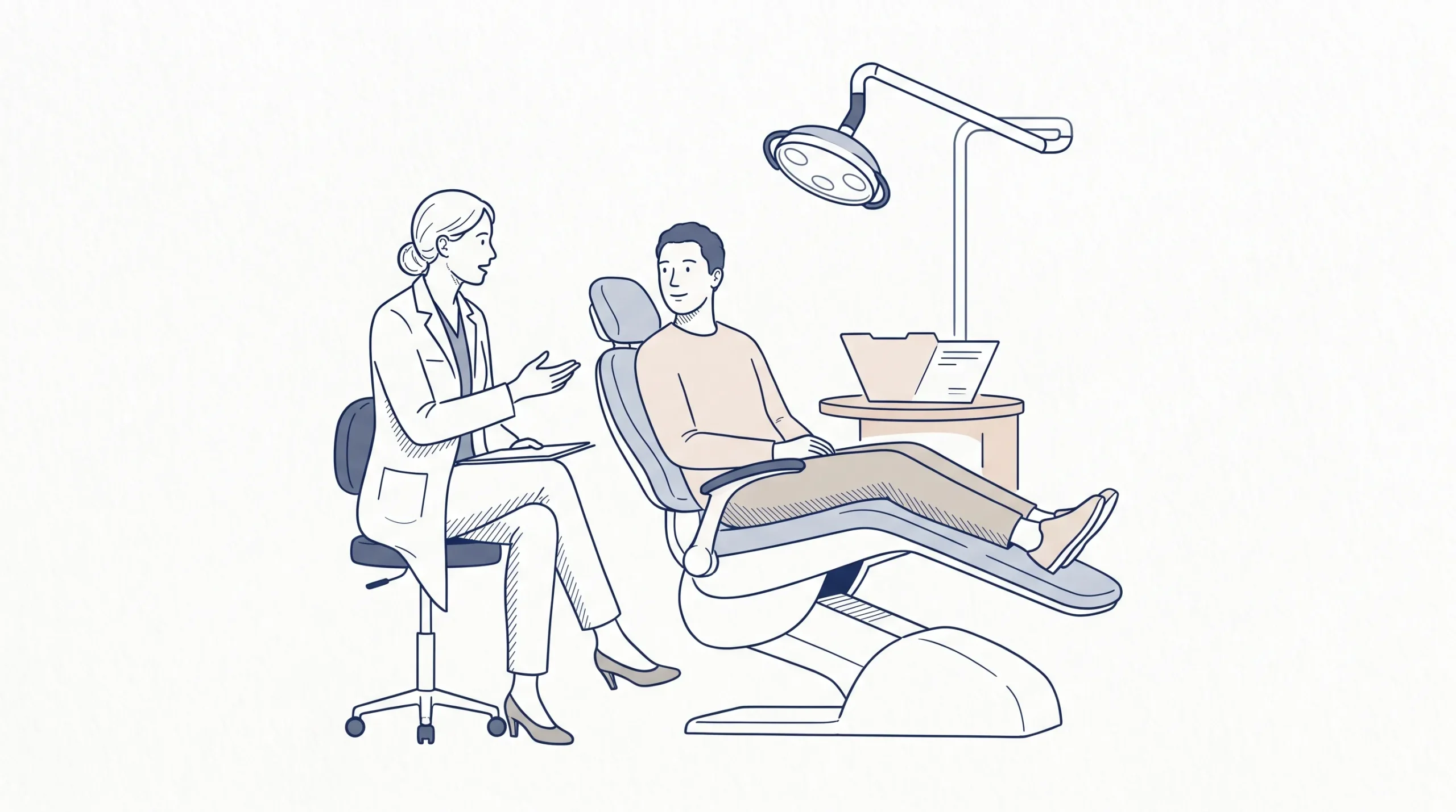 A dentist speaks with a new patient beside a dental chair and a simple treatment folder in a calm clinic room.
