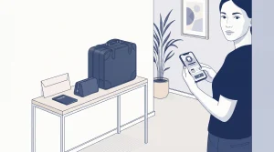 A hallway console holds travel items and a phone showing a dental booking as someone settles into a new home.