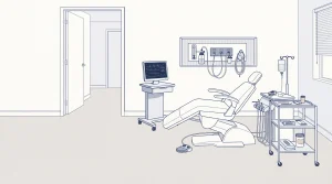 A quiet dental treatment room prepared for sleep dentistry with a chair, monitor stand and tidy trolley.