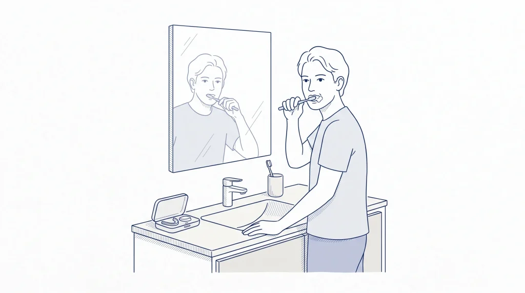 An adult brushes teeth at a bathroom basin beside a whitening tray case and toothbrush cup.