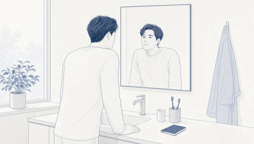 An adult pauses at a bathroom basin with dental items nearby, reflecting everyday anxiety before a visit.