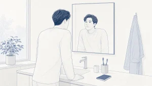 An adult pauses at a bathroom basin with dental items nearby, reflecting everyday anxiety before a visit.