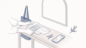 An adult sorts Medicare and concession cards at home while preparing for community dental care.