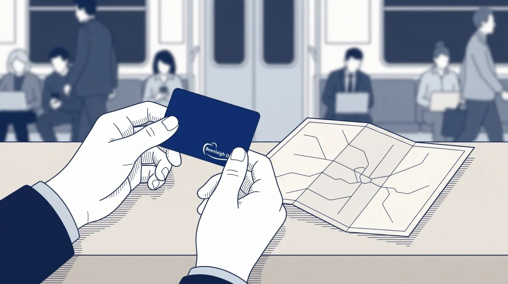 A commuter checks a transit card beside a folded map at a station, weighing the journey to a dental appointment in Brisbane CBD.