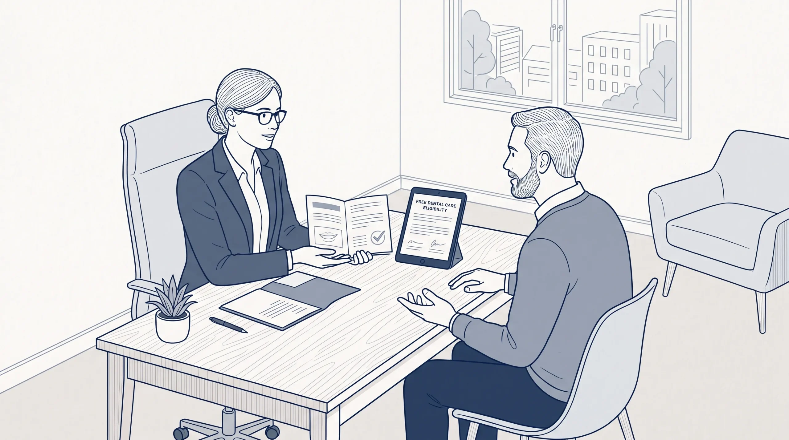 A dental professional discusses free dental care eligibility with an adult patient across a consultation desk in a quiet clinic room.