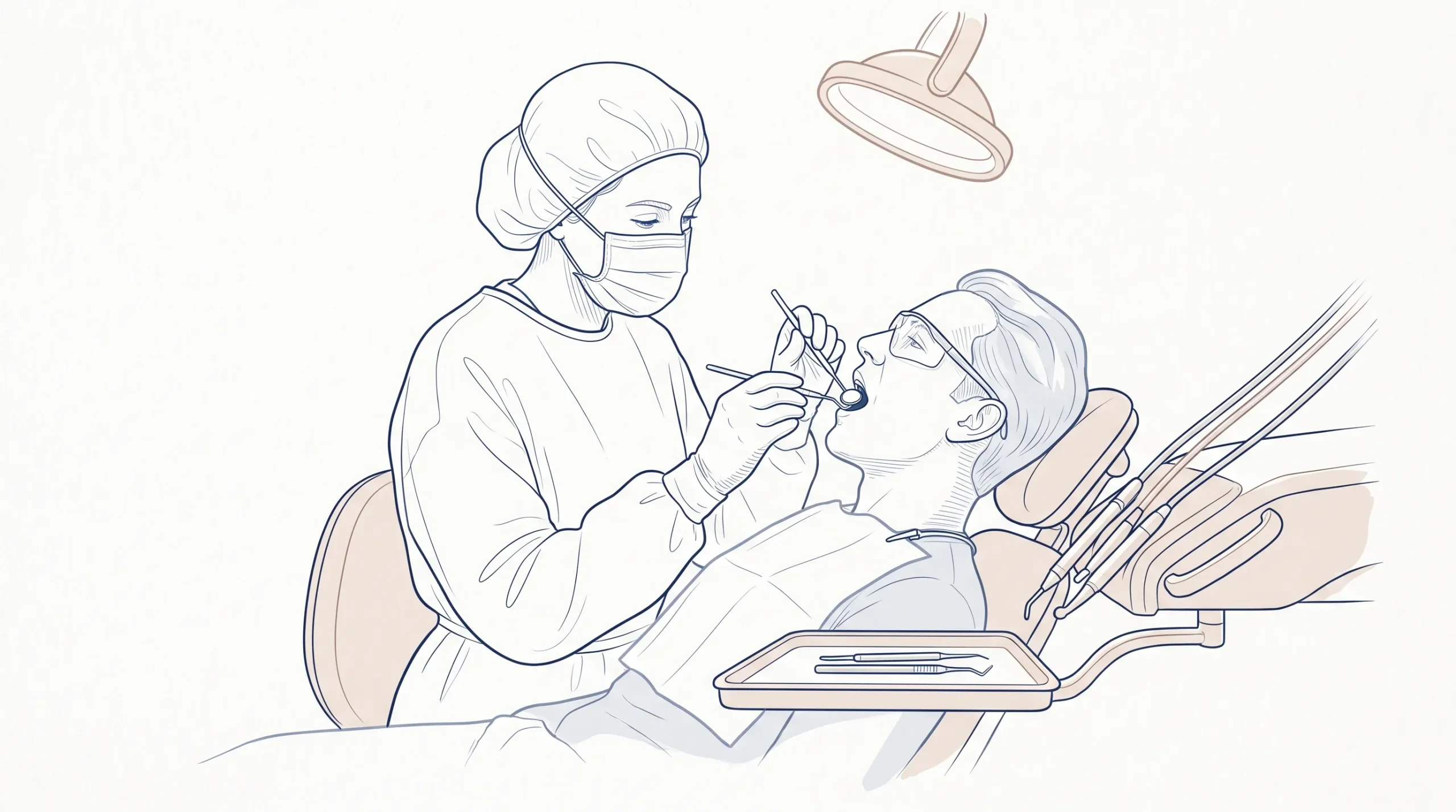 A dental professional in PPE examines an adult patient’s teeth and gums with a mirror during a preventive check-up.