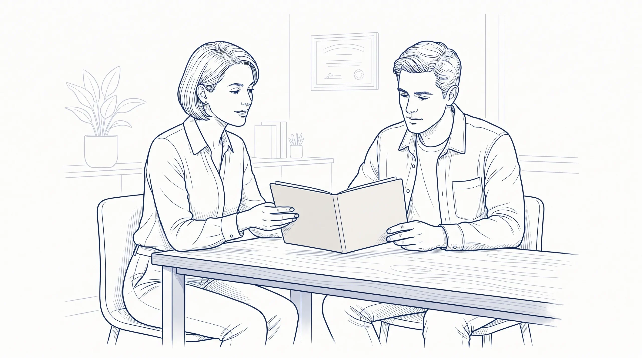 A dentist and parent review a blank treatment estimate folder at a clinic table while discussing affordable family dental care.