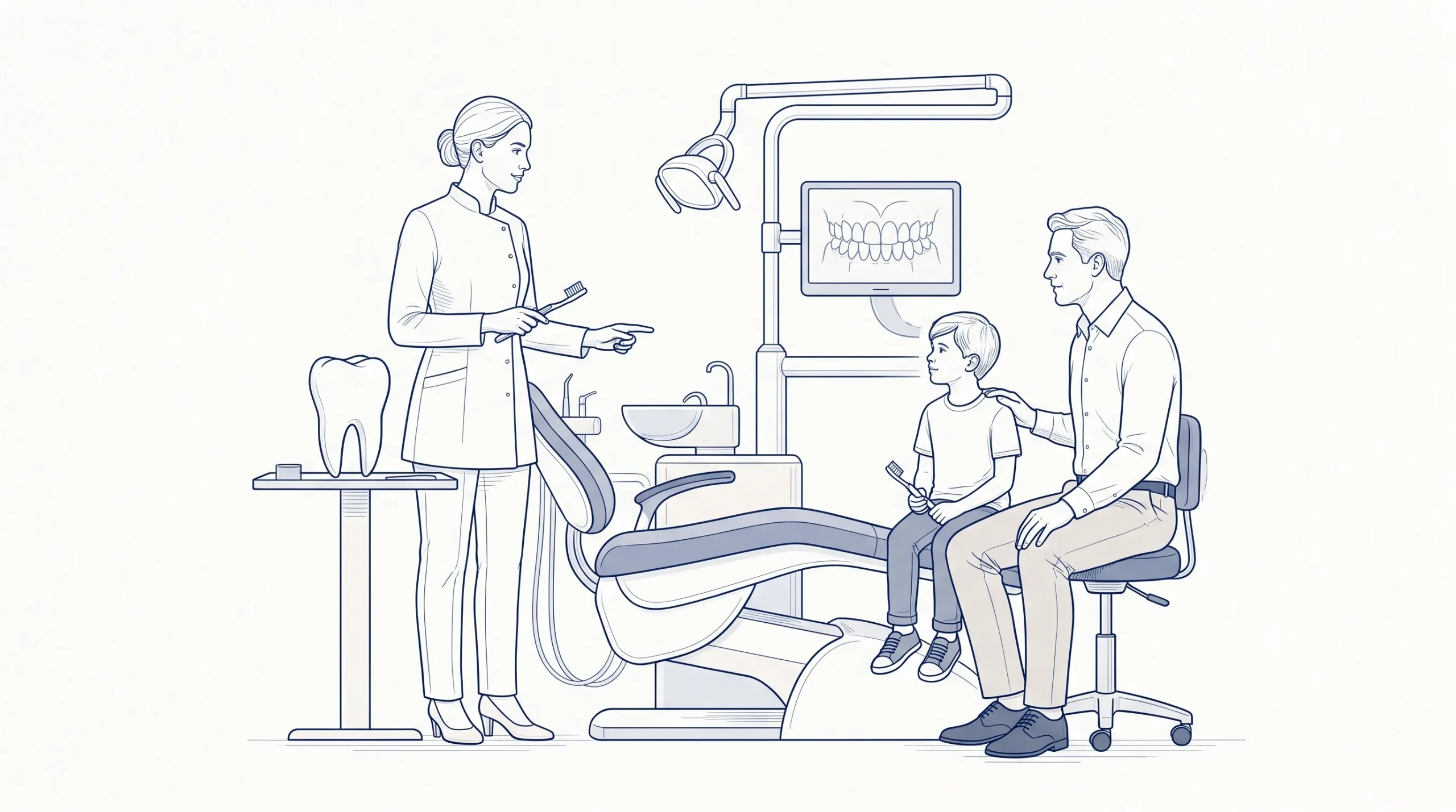A dentist explains home care to a parent and school-aged child in a calm surgery setting.