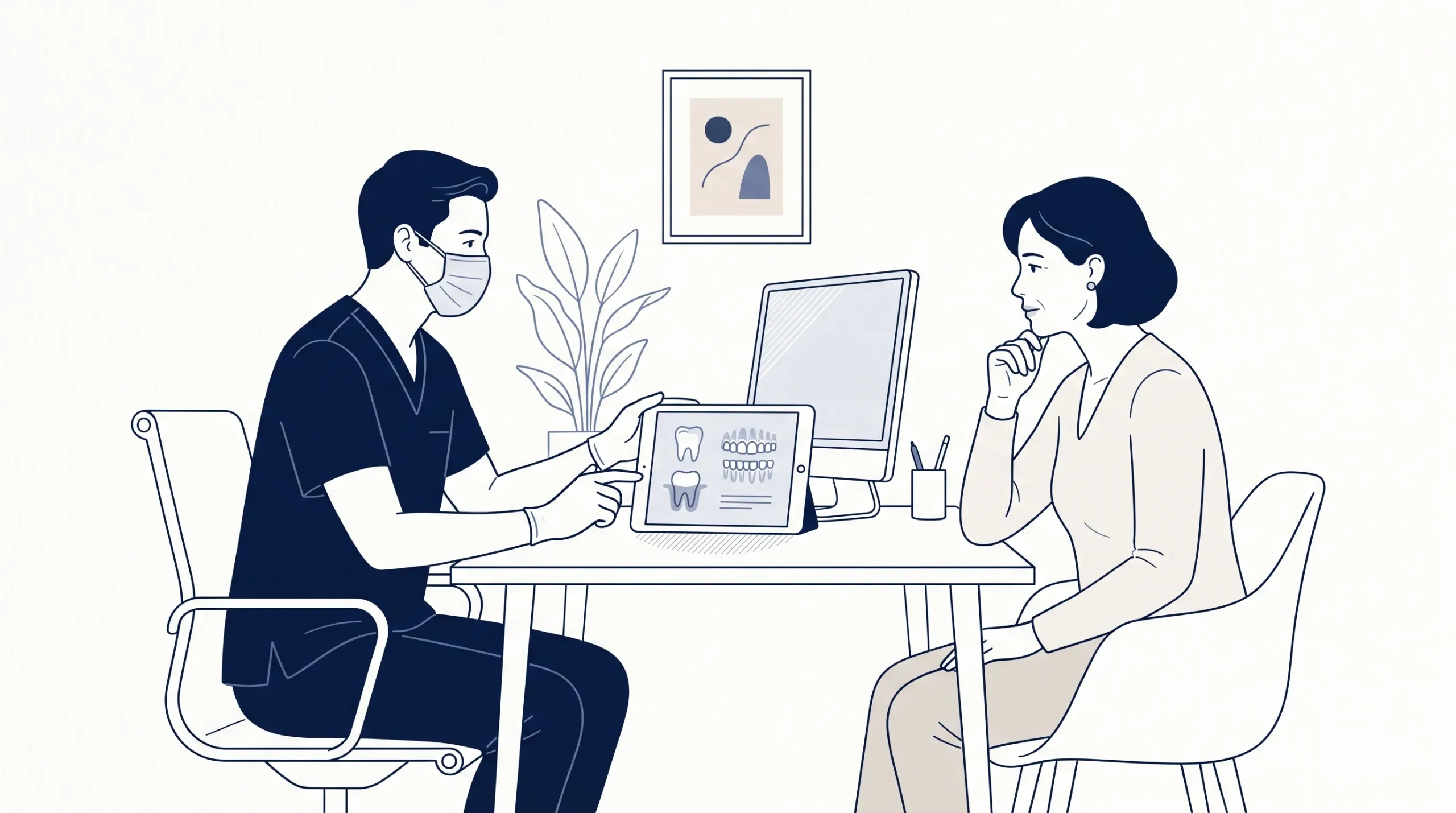 A dentist in clean clinical scrubs talks with an adult patient in a consultation room as they consider dental care options.