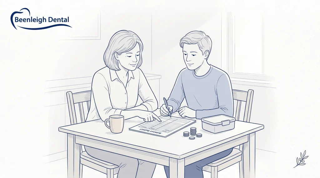 A parent and family member plan a dental budget at the kitchen table with a basic sheet, coins and a mug.