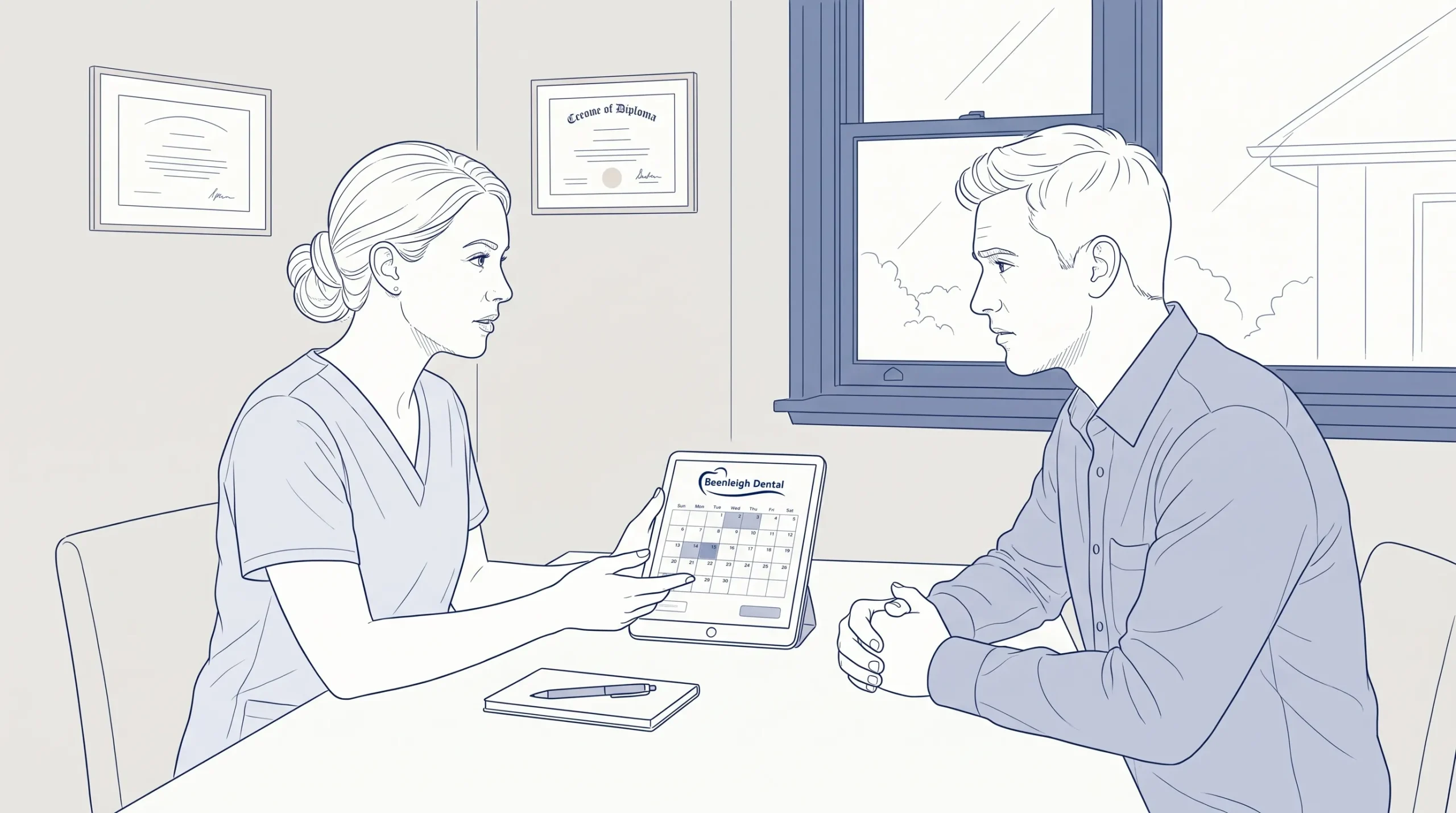 A patient and a dental professional talk face to face in a consultation room about an urgent appointment.