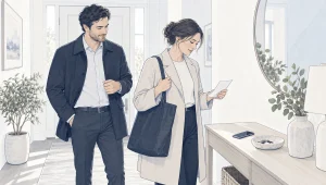 A person gathers keys and a bag at home while preparing questions for their first dental visit.