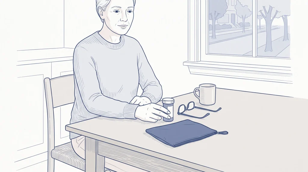 An adult gathers everyday health items at home before a first dental appointment, preparing to share useful medical information.