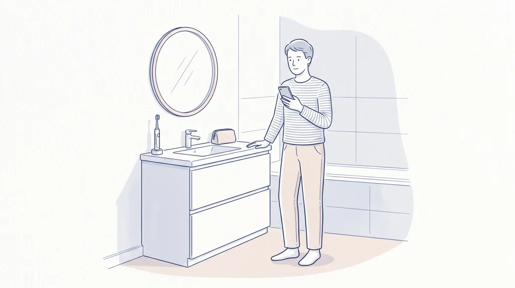 An adult in a bathroom deciding whether to call for a dental walk in appointment.