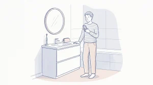 An adult in a bathroom deciding whether to call for a dental walk in appointment.