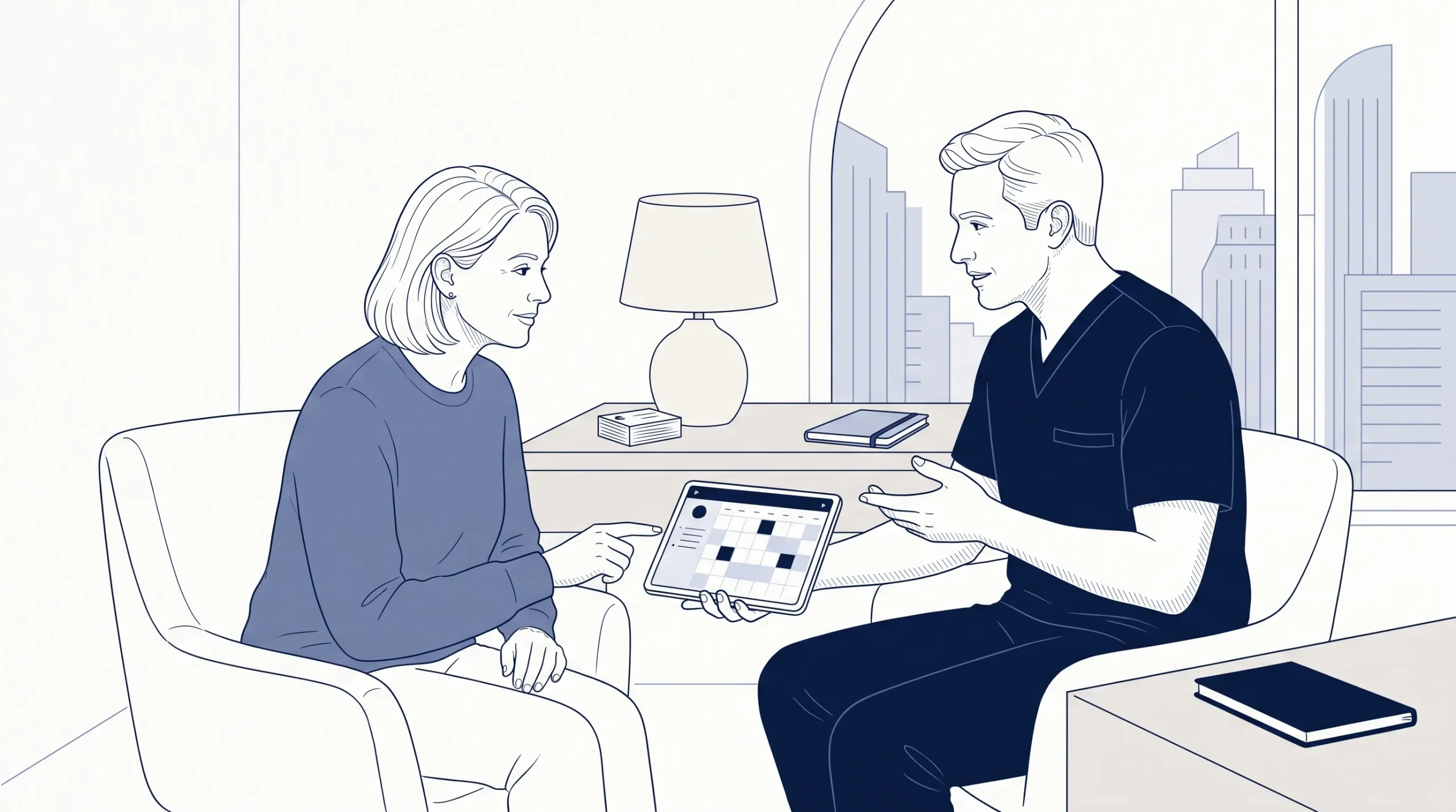 An adult patient and dental professional sit face to face in a consultation room, discussing appointment options after a search for a Saturday dentist.