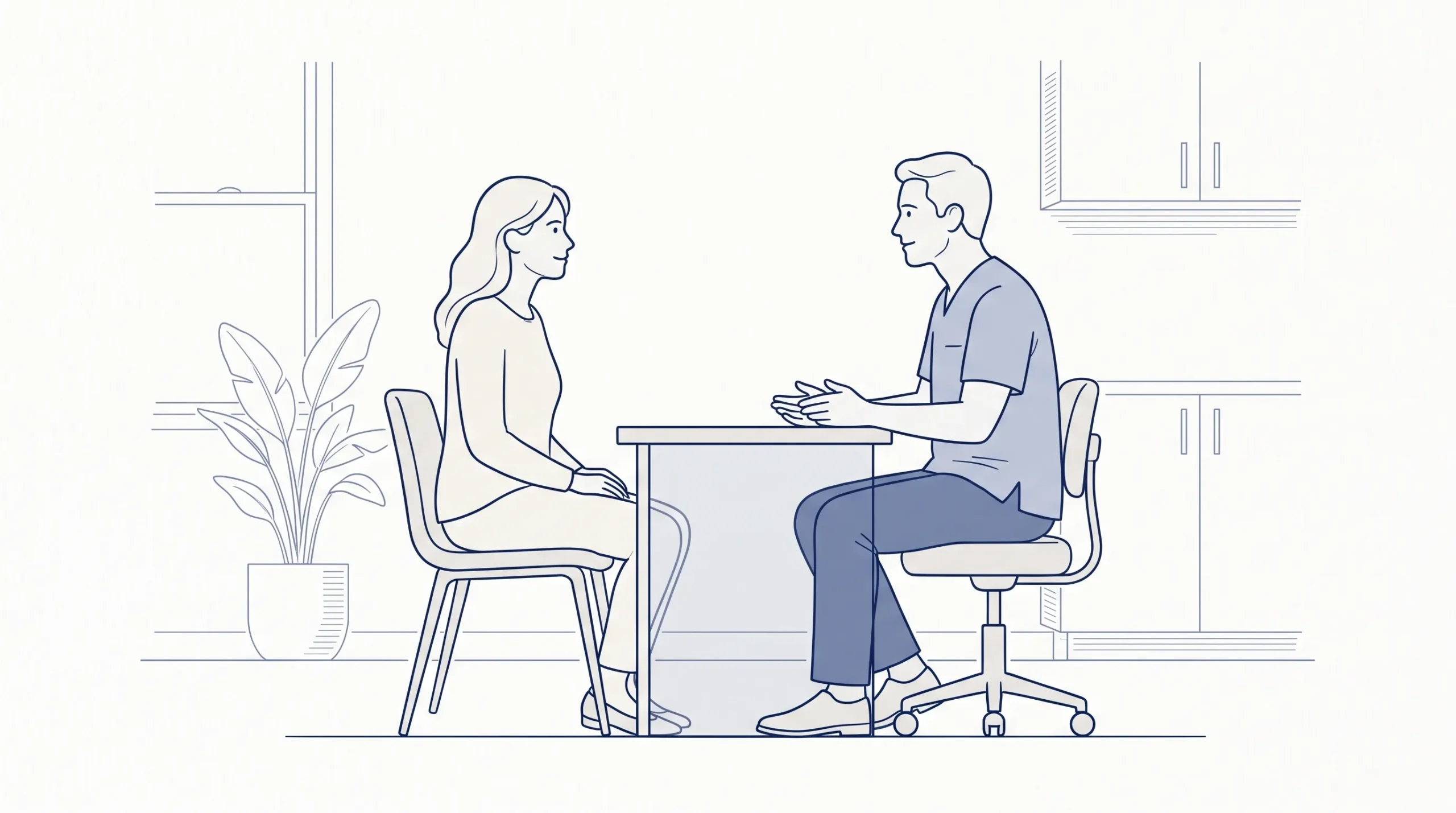 An adult patient and dentist talking face to face in a clinic consultation about a walk-in dental visit.