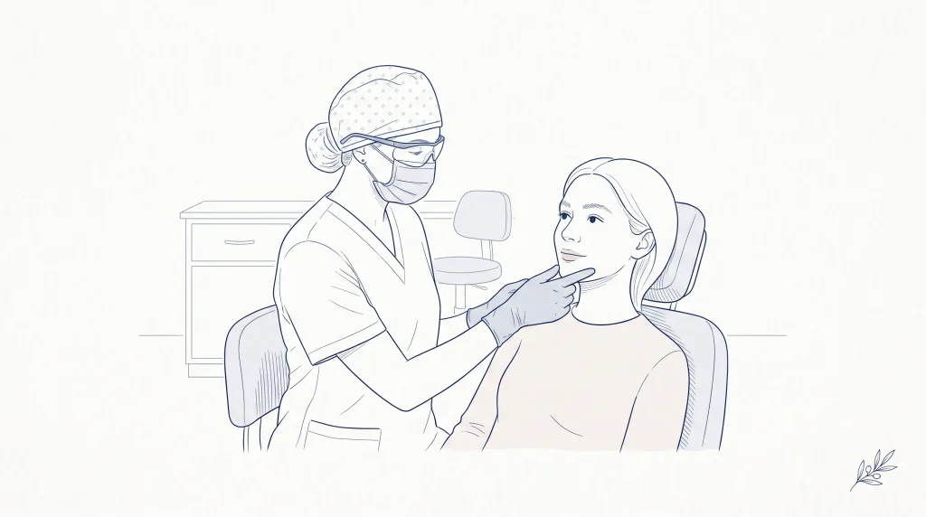 An adult patient speaks with a dental professional in clinic about an urgent dental problem and same-day assessment.
