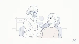 An adult patient speaks with a dental professional in clinic about an urgent dental problem and same-day assessment.