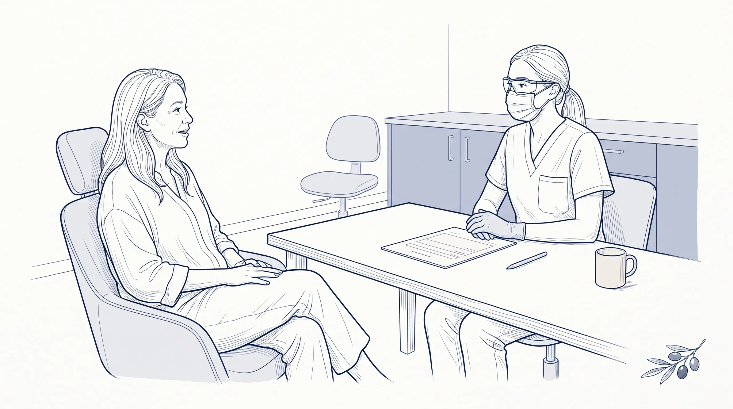 An adult patient speaks with a dentist in a clinic room, with a blank intake form on the desk for a first dental visit.