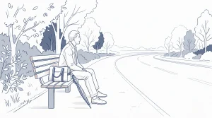An adult waits at a suburban bus stop with a bag, travelling to a dental appointment on a weekend.