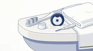 Toothbrush, toothpaste, floss and an interdental brush sit ready on a bathroom basin.